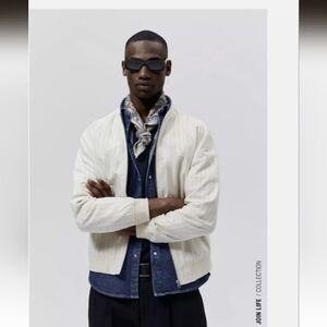 Zara Mens L Striped Bomber High Neck Full-Zip Jacket Oyster White Large